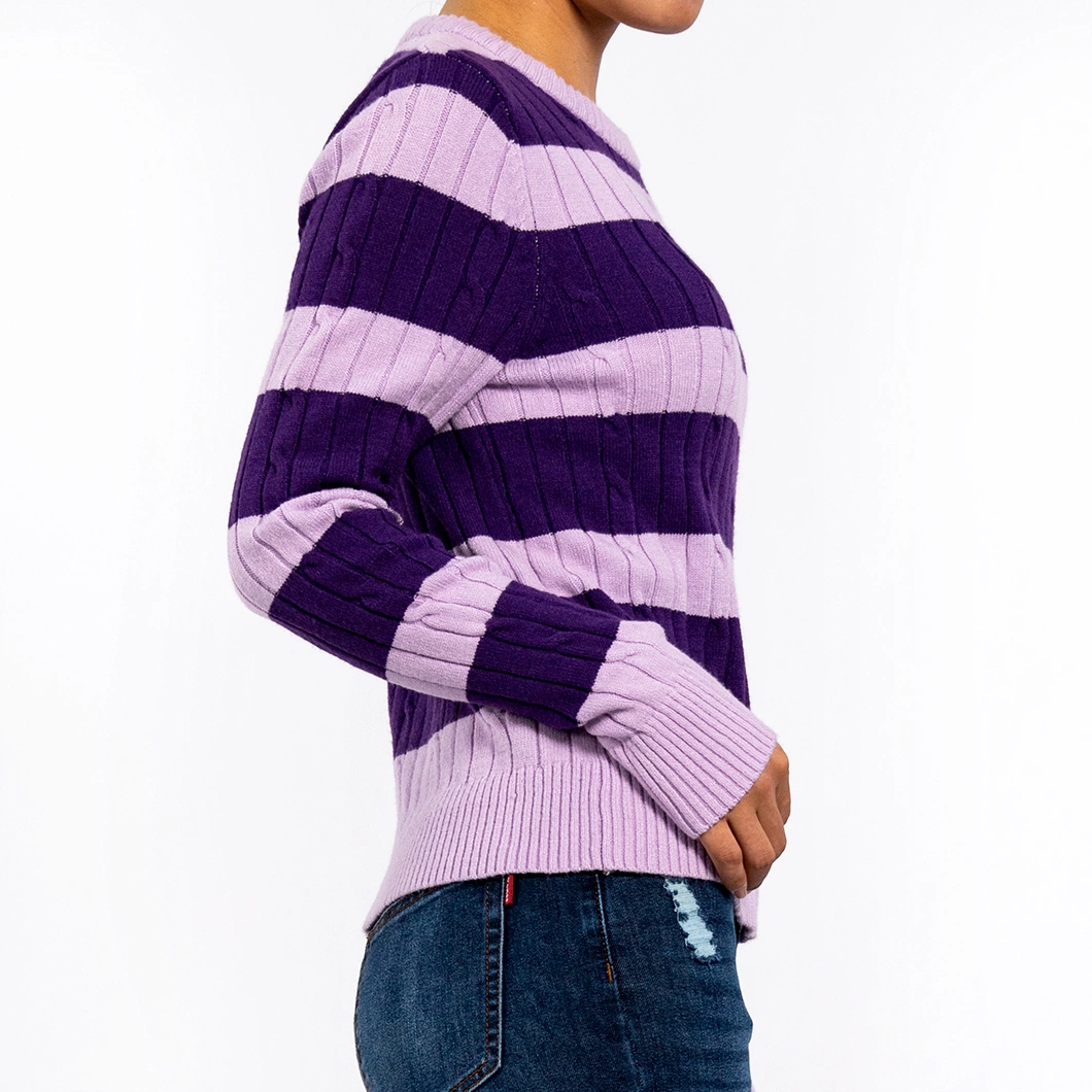 Winter Round Neck Stripe Color Blocking Twist Long Sleeve Striped Sweater Women Knitwear