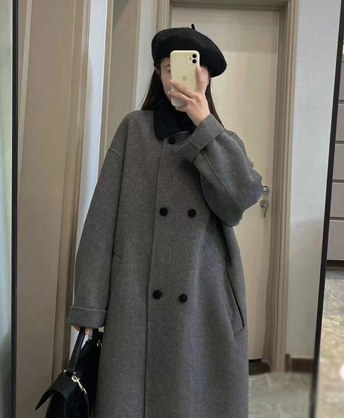 Autumn and Winter New Double-Sided Cashmere Coat Women′s Medium Long Gray Knee Length Wool Coat